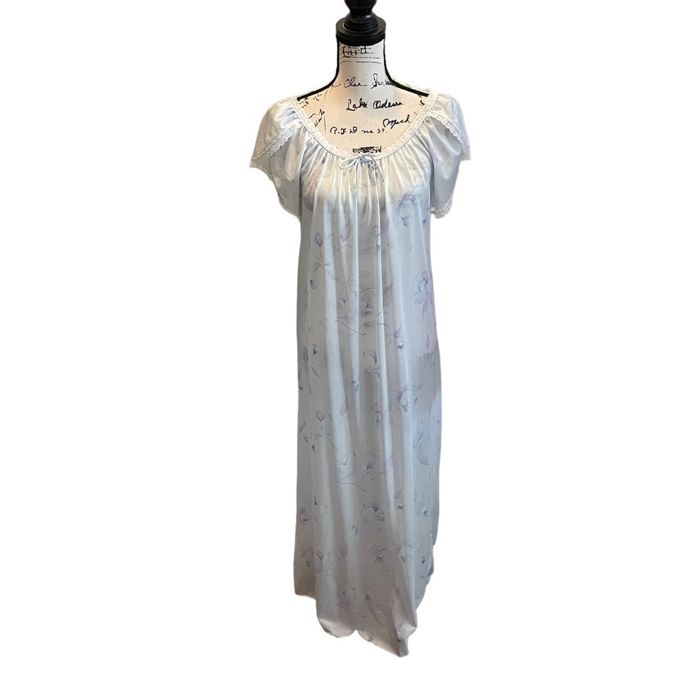 Vintage Miss Dira New York Sheer Nightgown Blue Floral Medium Lace trim Sleep - Picture 1 of 8
